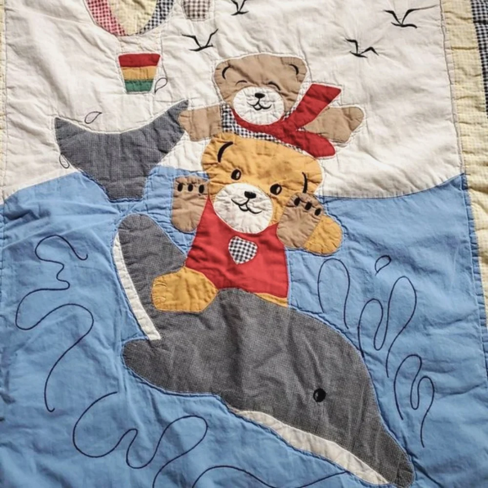 VINTAGE Bear/Dolphin Baby Quilt Crib Blanket Throw Nursery Bedding Blue Boy/Girl